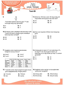 ilkokul 1. Sınıf Genel Tekrar Testleri 